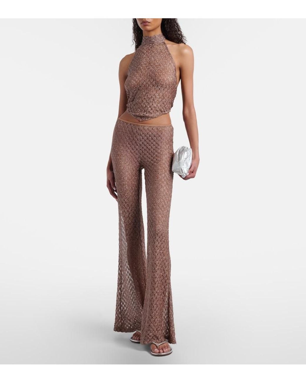 Missoni Brown Open-Knit Lame Flared Pants