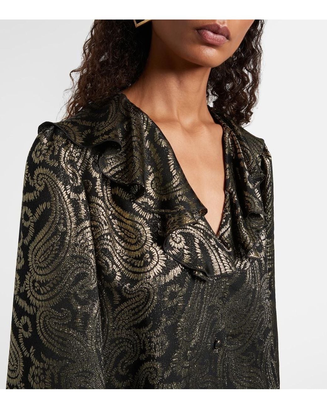 Etro Black Paisley Ruffled Silk-Blend Blouse