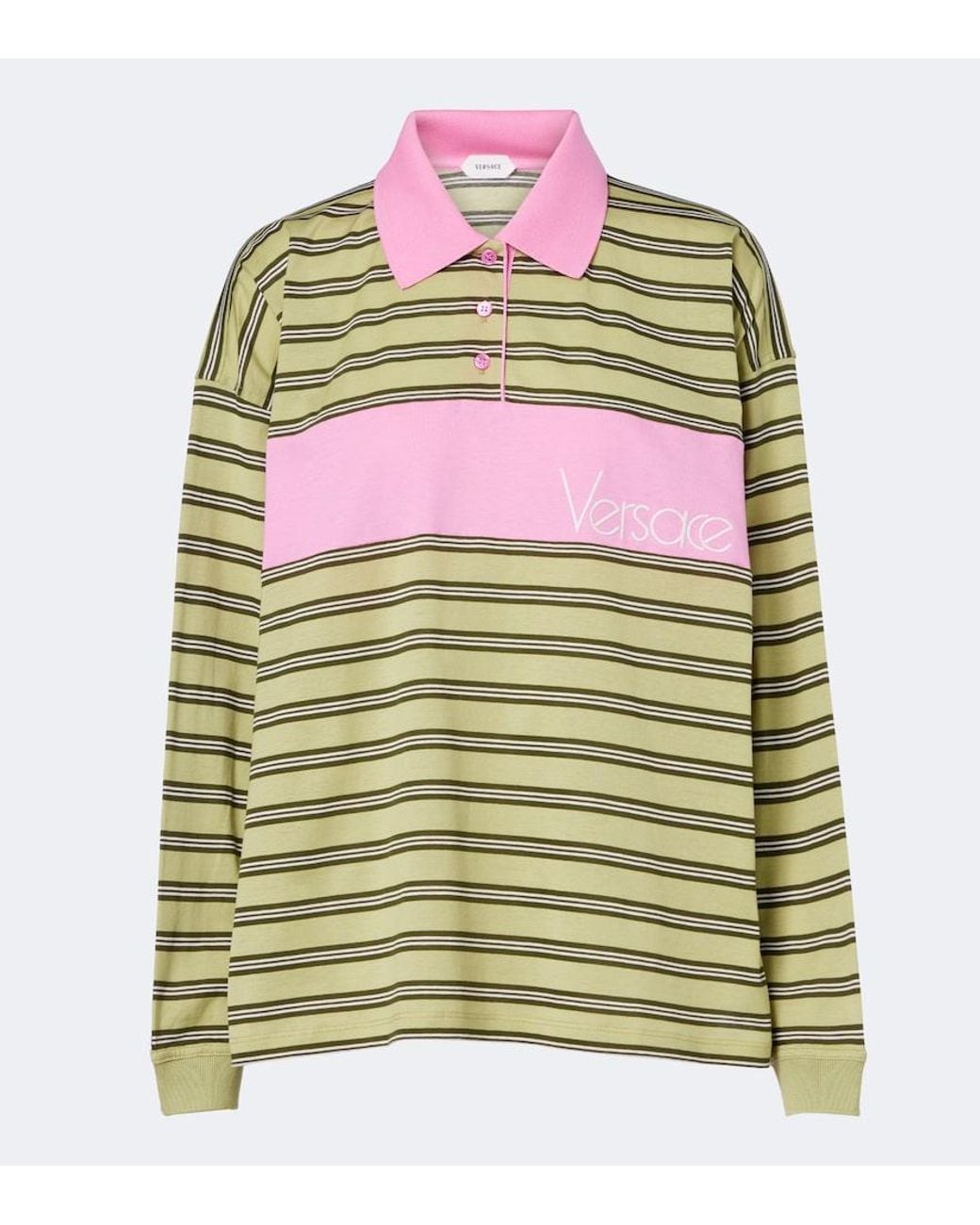 Versace Green Striped Oversized Cotton Jersey Polo Shirt