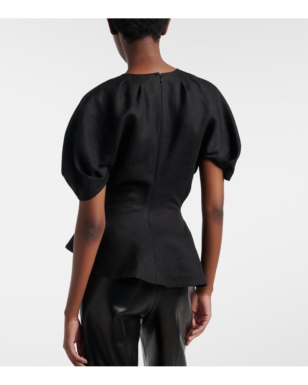 Khaite Black Rumi Peplum Linen-Blend Top