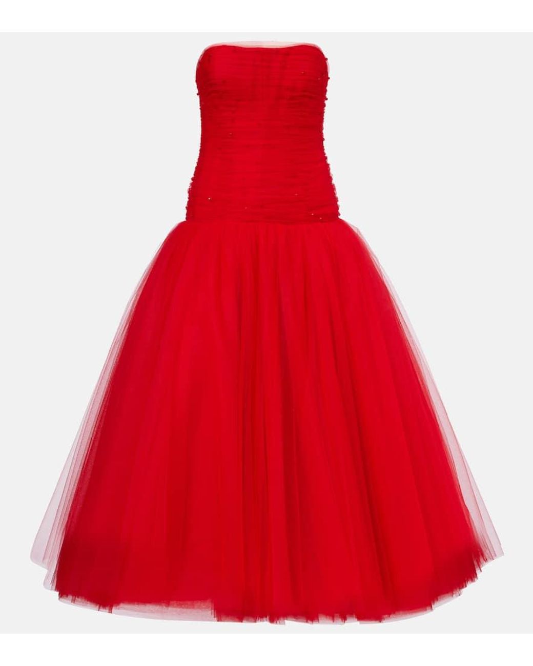 Carolina Herrera Red Embellished Strapless Tulle Gown