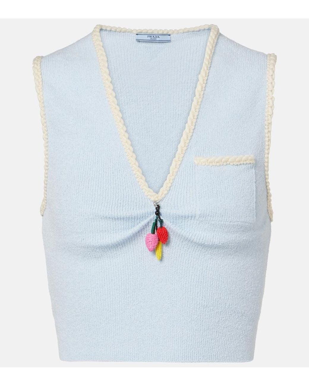 Prada Blue Embellished Cotton-Blend Boucle Crop Top