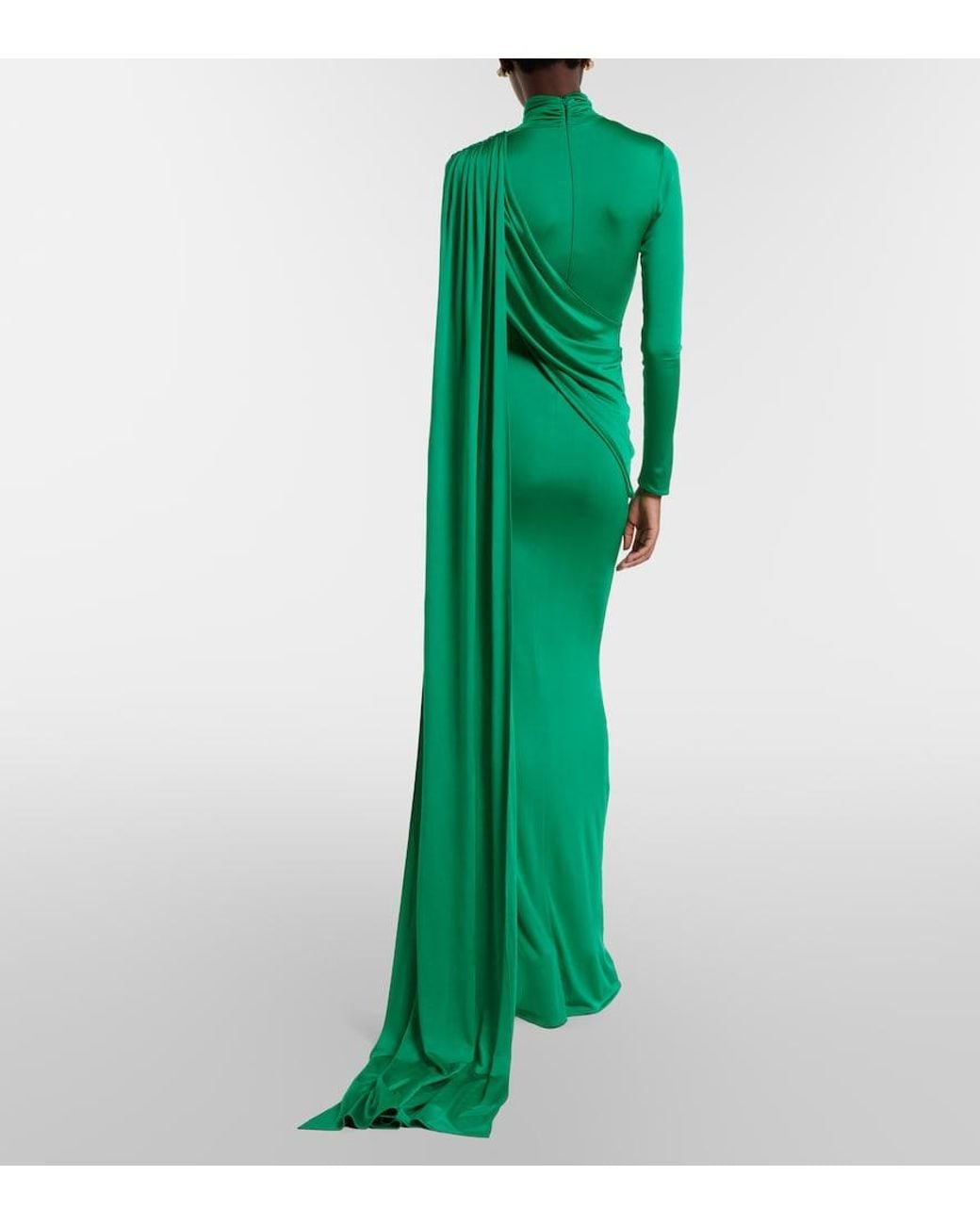 The New Arrivals Ilkyaz Ozel Green Aya Caped Satin Gown