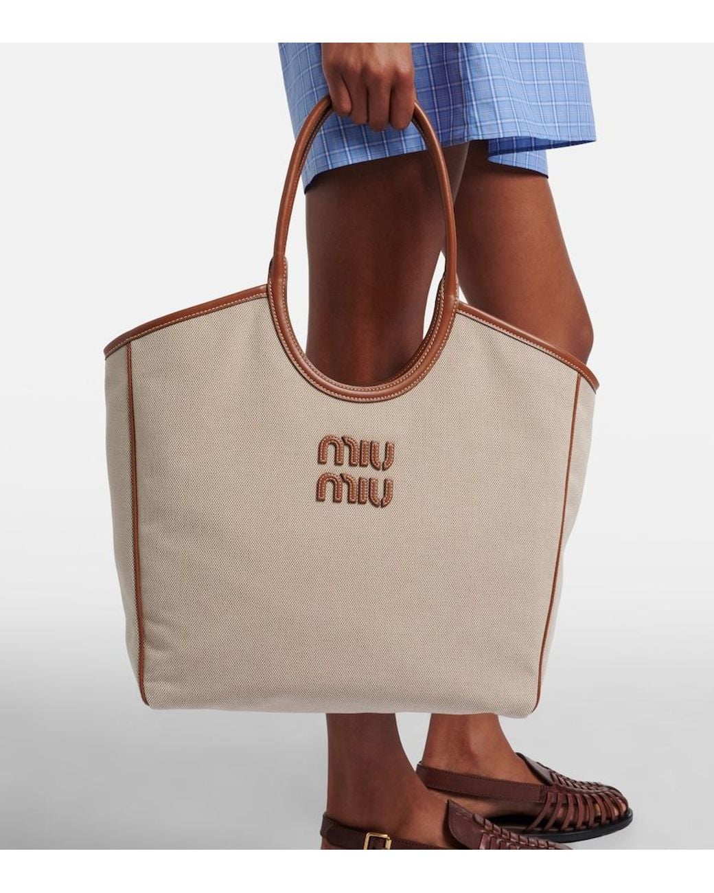 Miu Miu Natural Ivy Leather-Trimmed Canvas Shopper