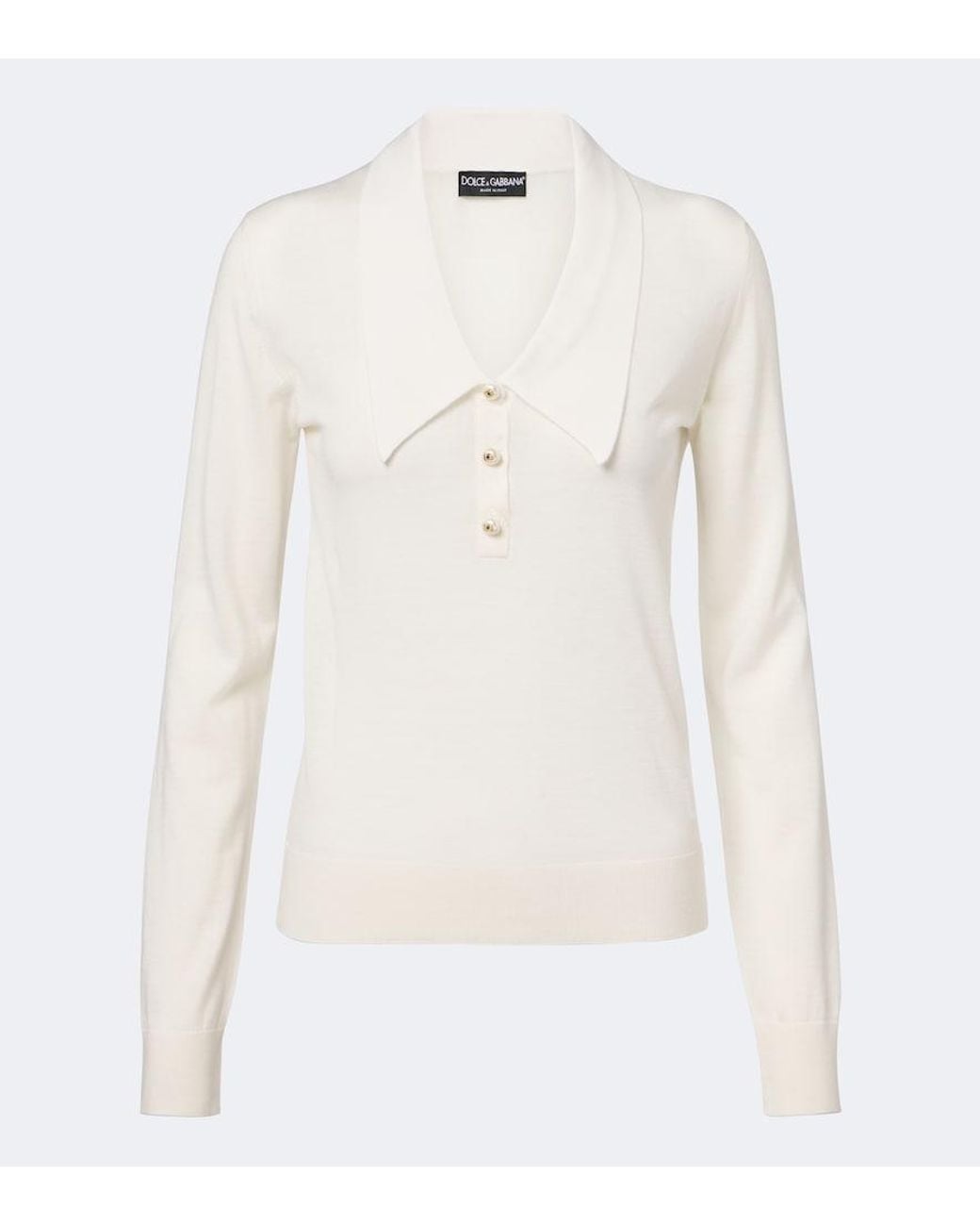 Dolce & Gabbana White Embellished Cashmere-Blend Polo Sweater