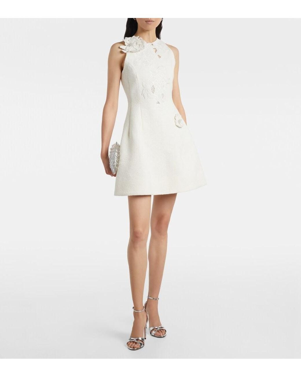 Oscar de la Renta White Embroidered Cotton-Blend Tweed Minidress