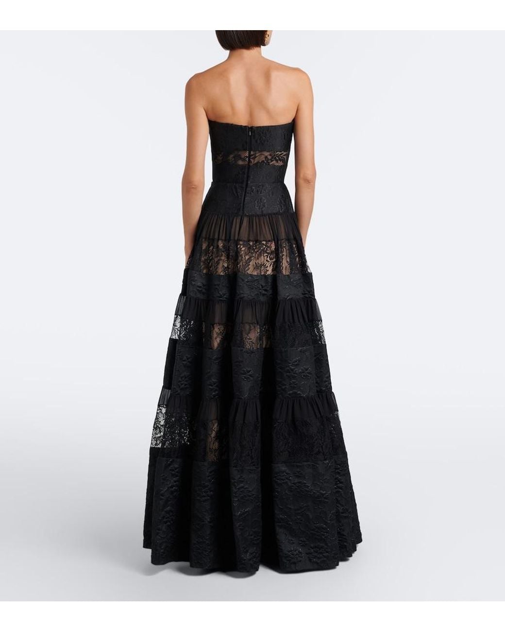 Elie Saab Black Lace-Trimmed Floral Jacquard Gown