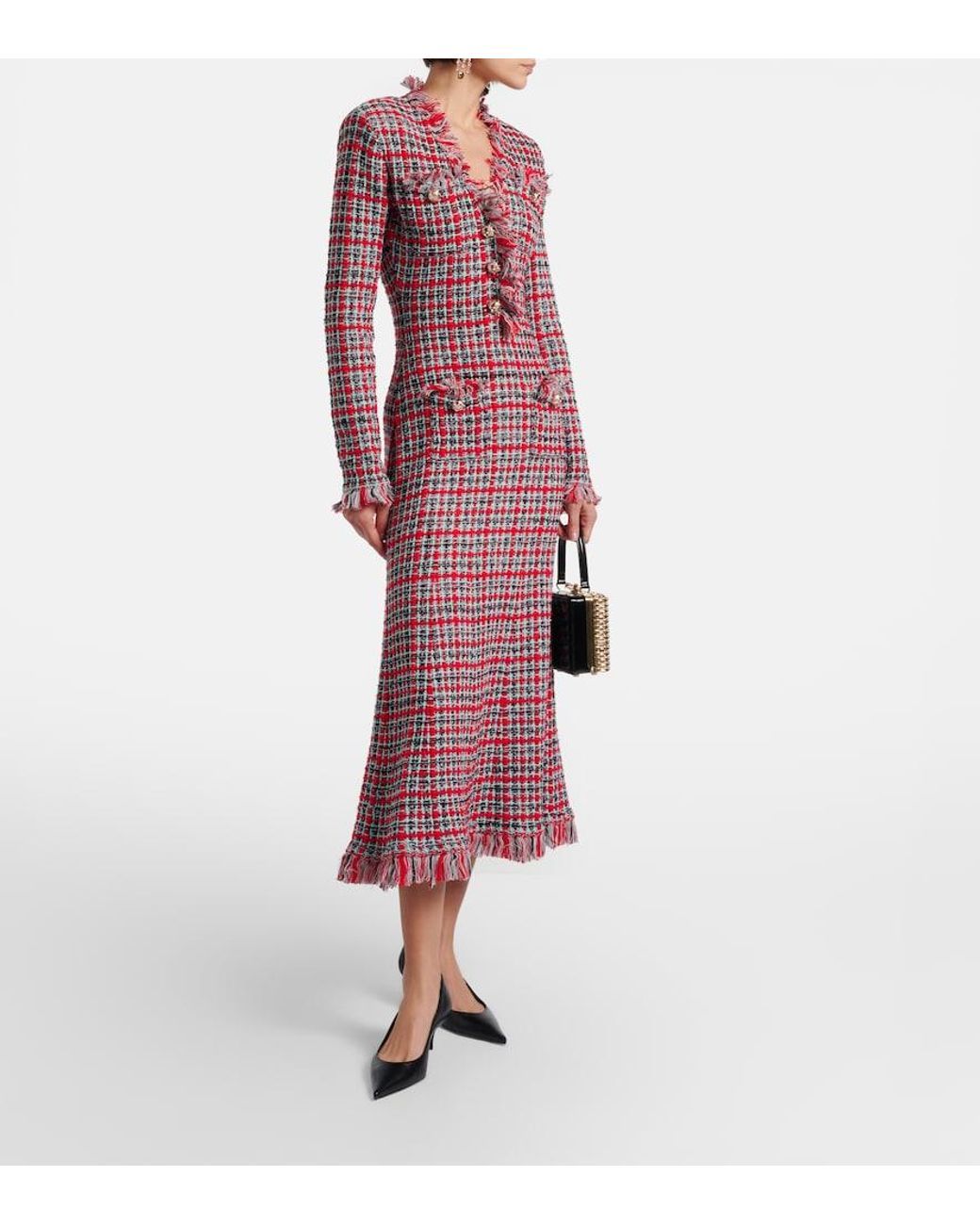 Self-Portrait Red Checked Frayed Knitted Midi Dress