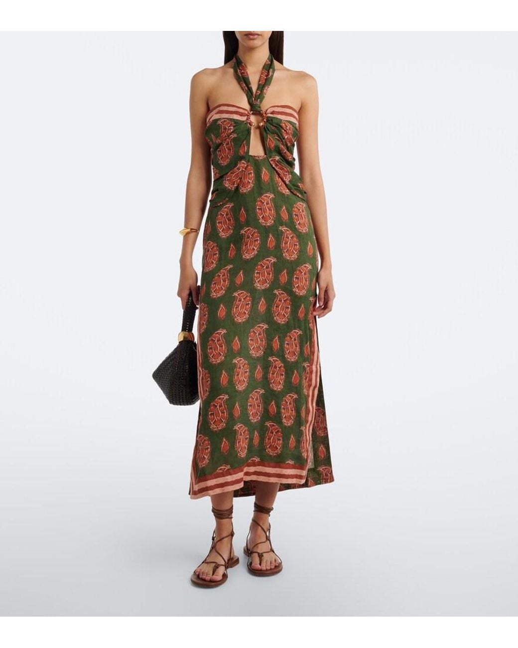 Johanna Ortiz Brown Printed Halterneck Linen Midi Dress