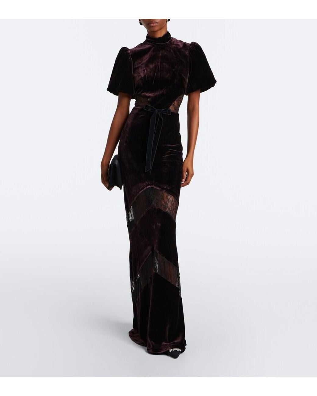 Rebecca Vallance Black Novo Lace-Trimmed Velvet Gown