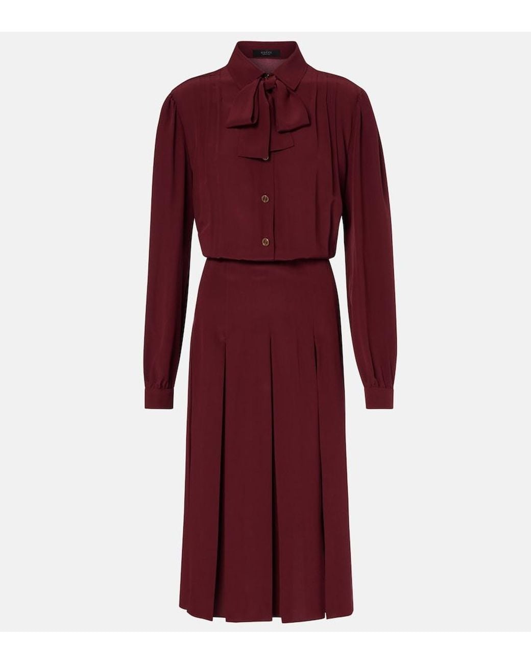 Gucci Red Pleated Silk Crepe De Chine Midi Dress