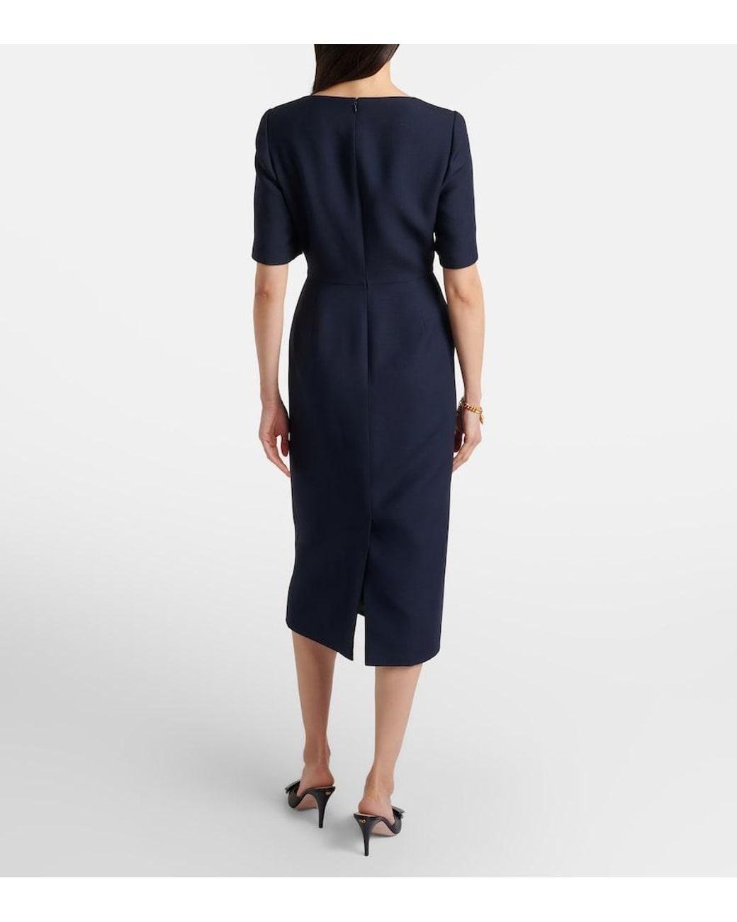 Valentino Garavani Blue Crepe Couture Bow-Detail Lace-Trimmed Midi Dress