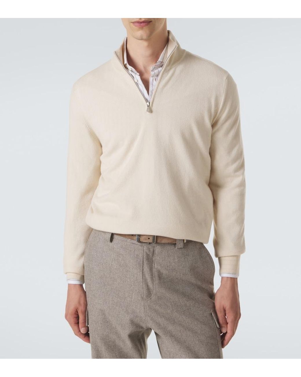 Brunello Cucinelli Natural Cashmere Half-Zip Sweater for men