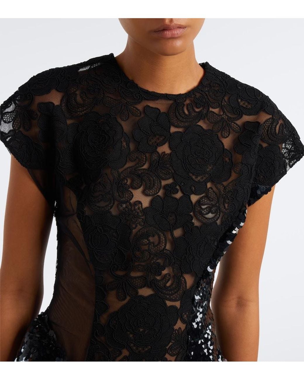 Simone Rocha Black Paneled Lace-Trimmed Sequined Midi Dress