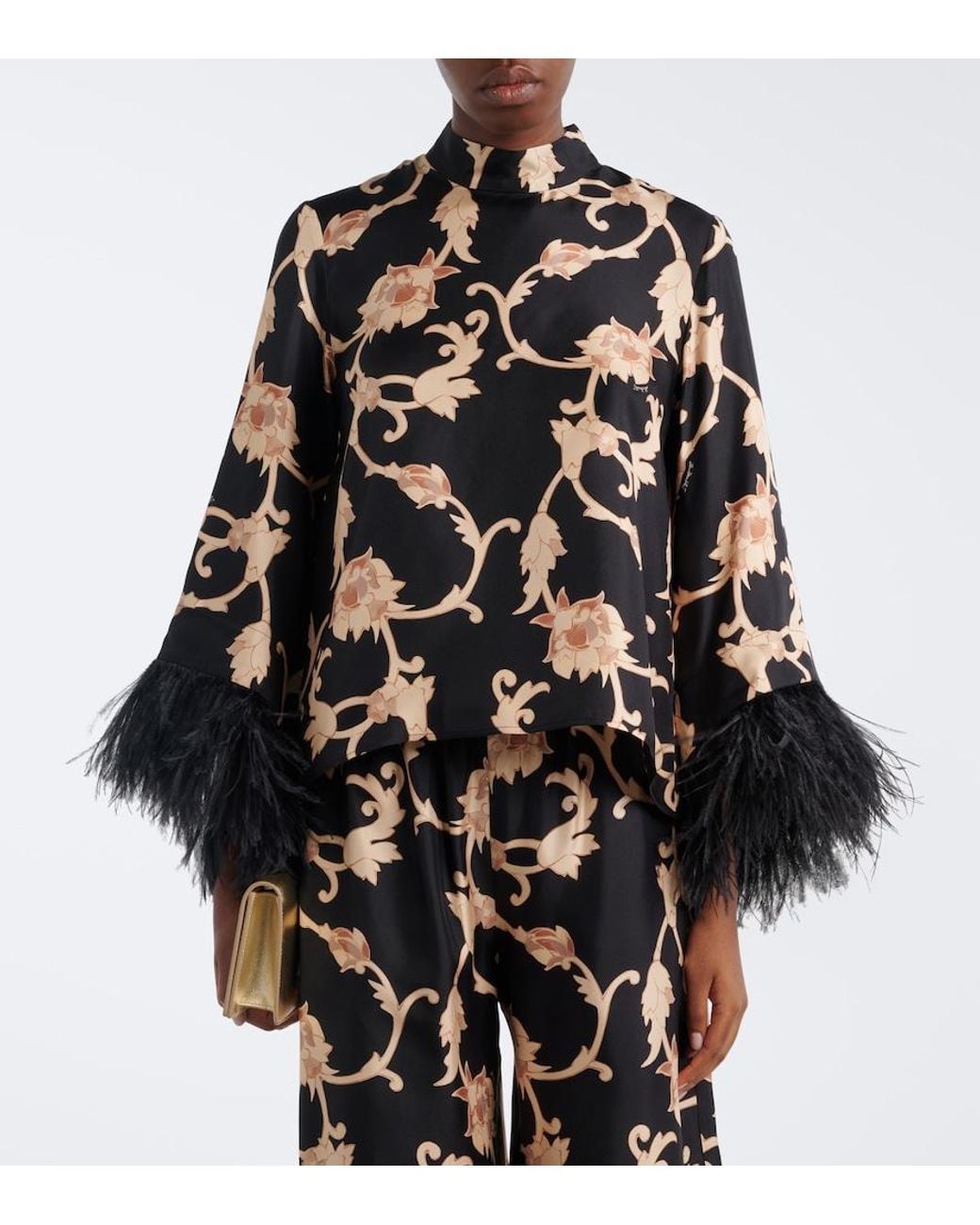 LaDoubleJ Black Buttercup Feather-Trimmed Silk Blouse