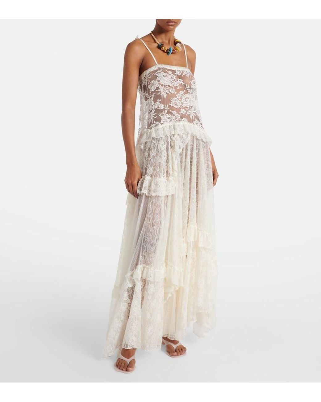 Chloé White Ruffled Sheer Lace Maxi Dress