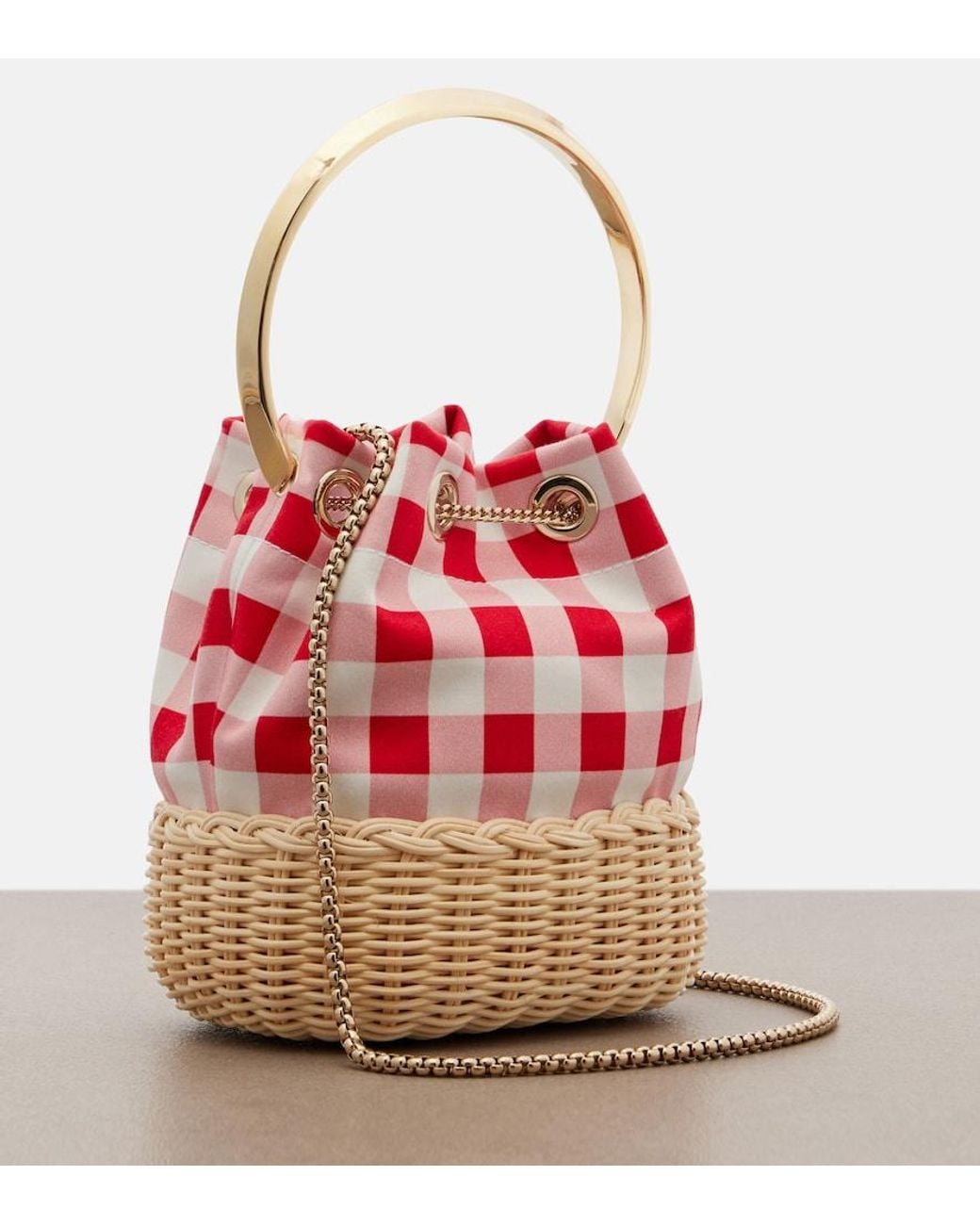 Jimmy Choo Red Bon Bon Gingham Canvas And Wicker Bucket Bag