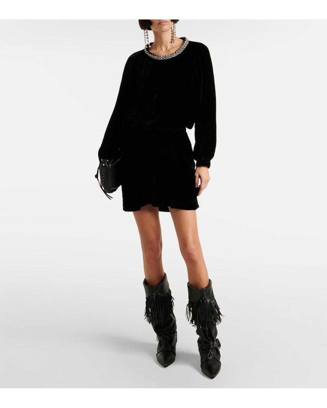 Isabel Marant Black Beniga Crystal-Embellished Velvet Minidress