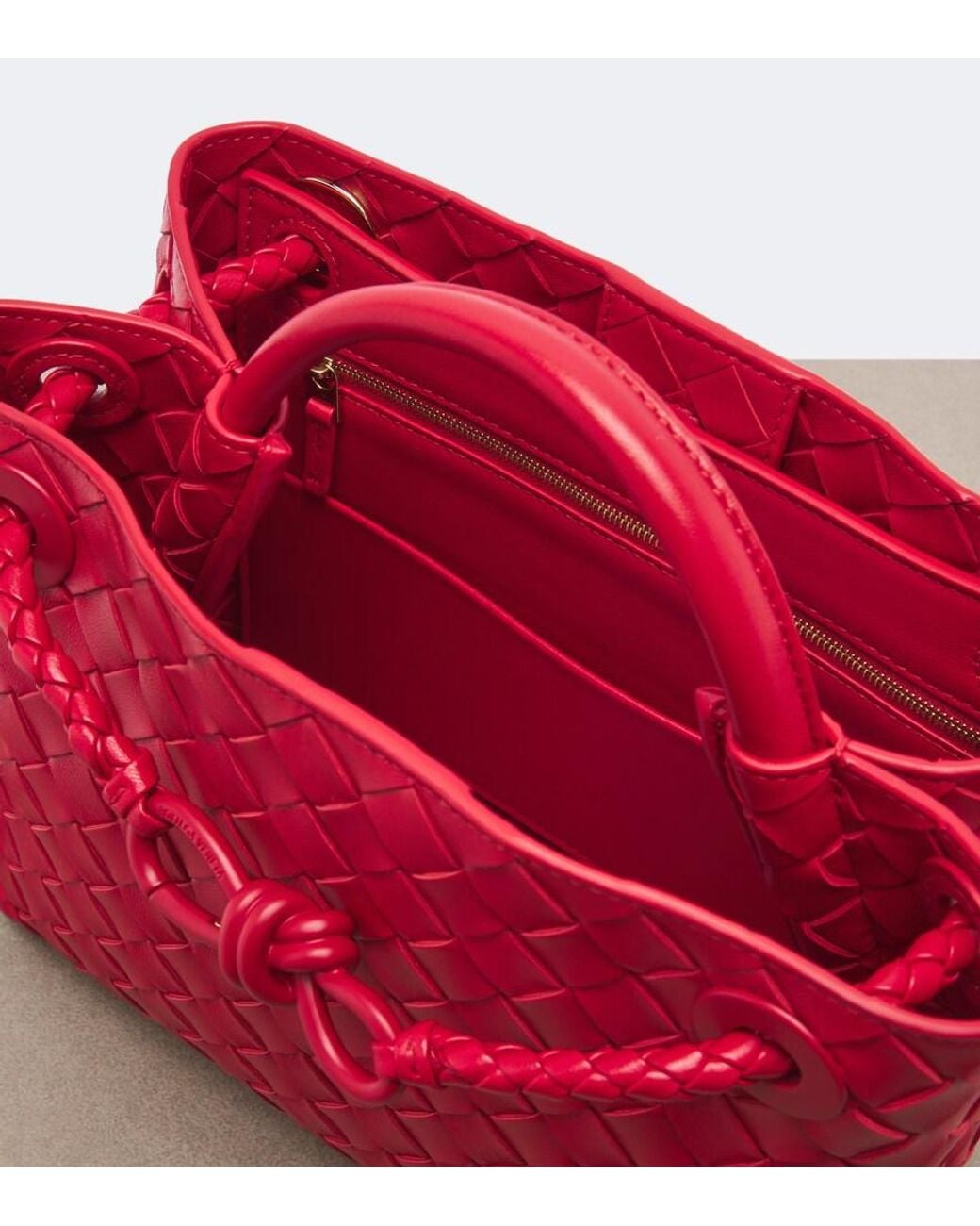 Bottega Veneta Red Andiamo Intrecciato Small Leather Tote Bag