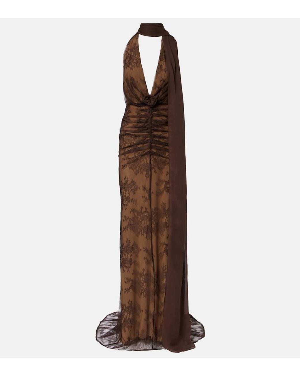 De La Vali Brown Amora Scarf-Detail Ruched Lace Maxi Dress