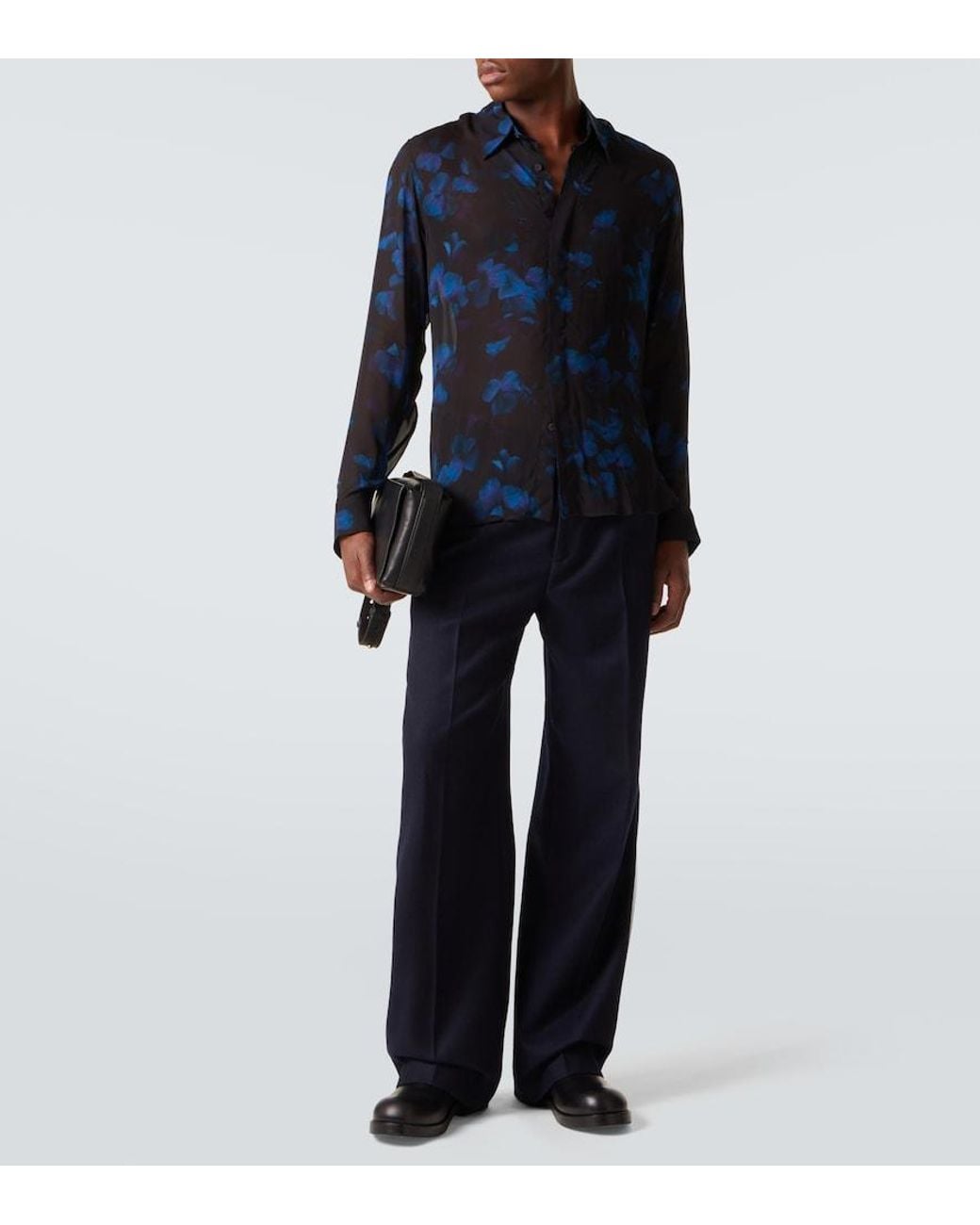 Dries Van Noten Blue Wool Flannel Wide-Leg Pants for men