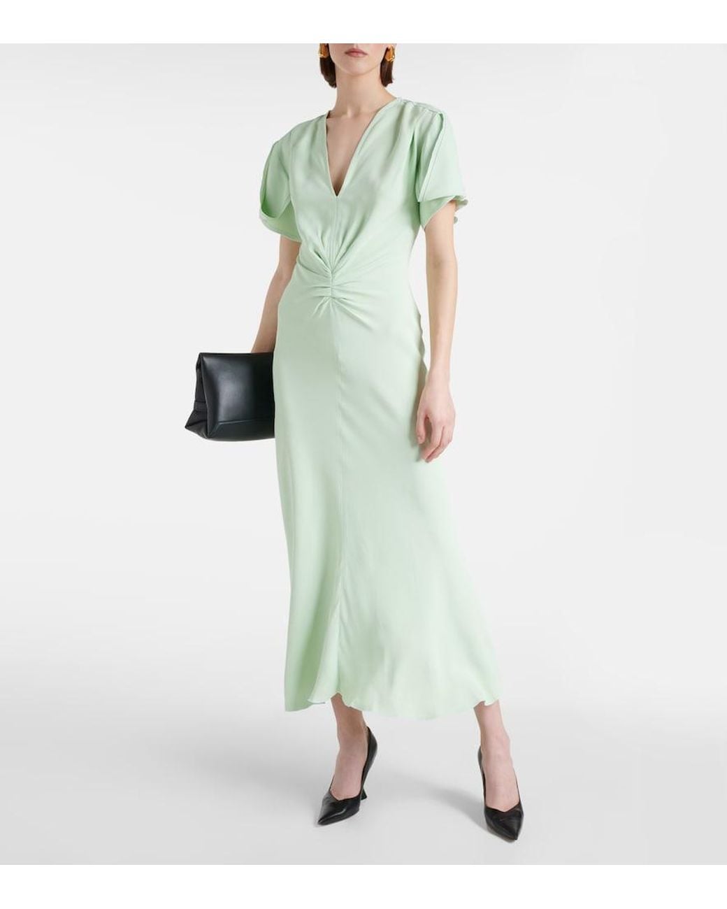 Victoria Beckham Green Gathered V-Neck Midi Dress