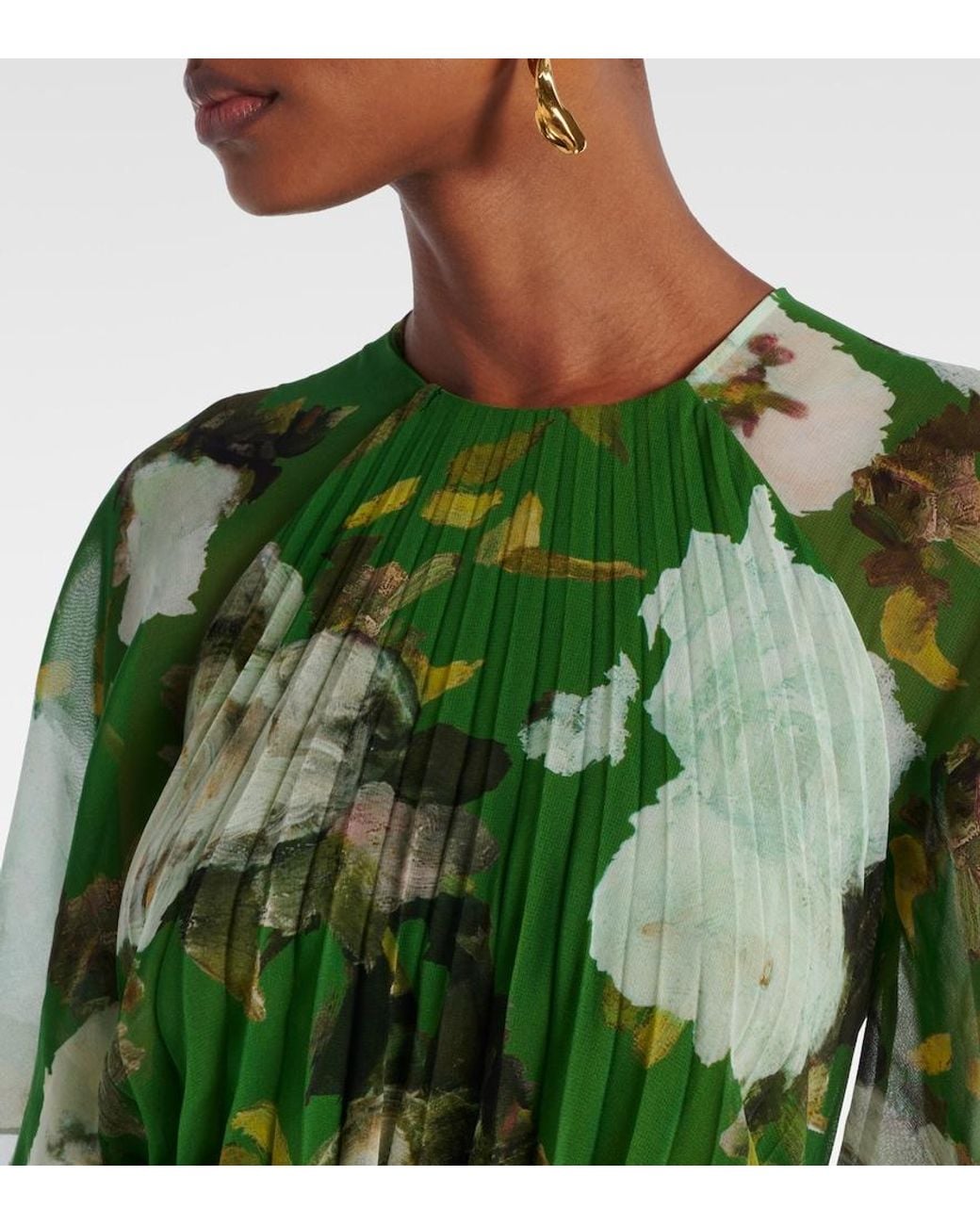 Erdem Green Floral-Print Short Sleeve Stretch-Cady Midi Dress