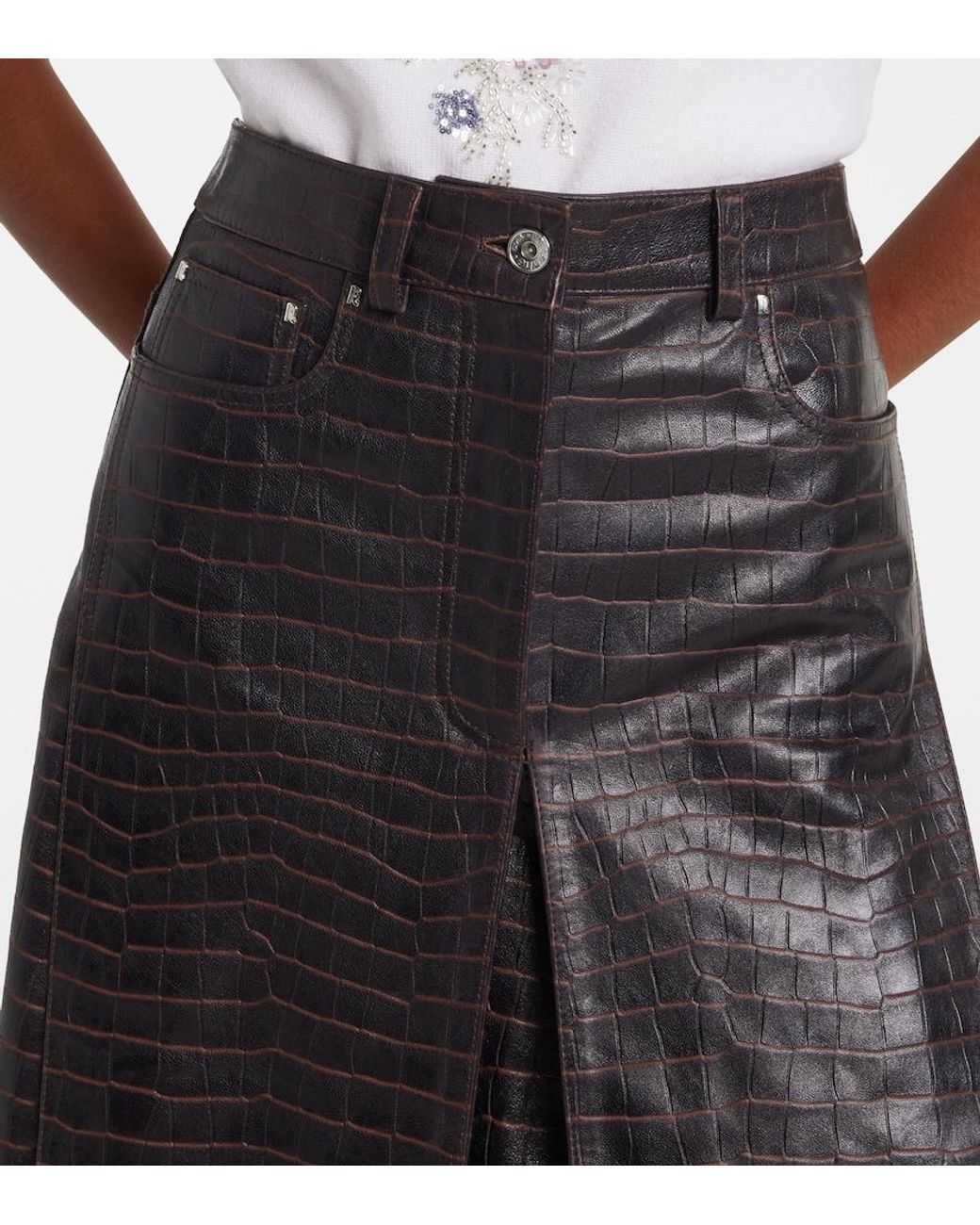Rabanne Black Pleated Croc-Effect Leather Midi Skirt
