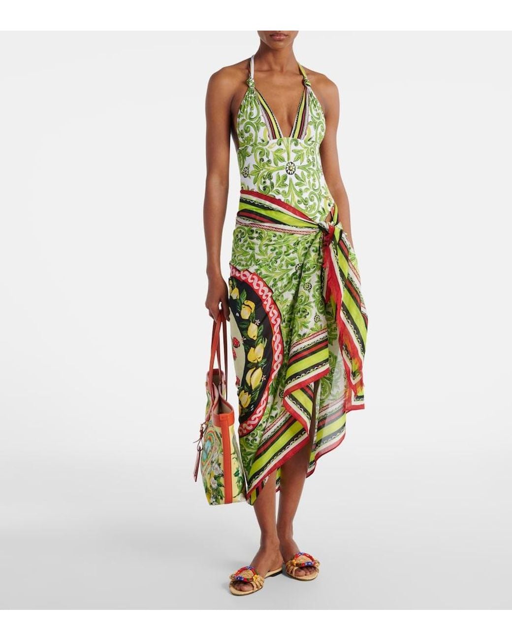 Dolce & Gabbana Green Printed Halterneck Swimsuit