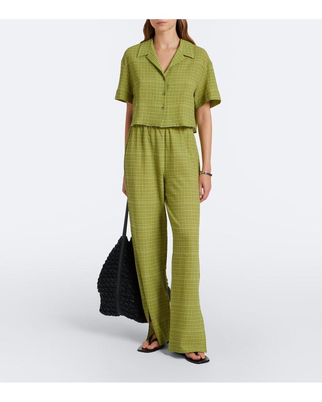 Asceno Green Loreto Checked Cotton Wide-Leg Pants