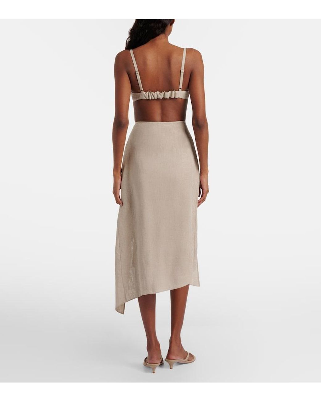 Coperni Natural Floral-Applique Asymmetric Linen Midi Skirt