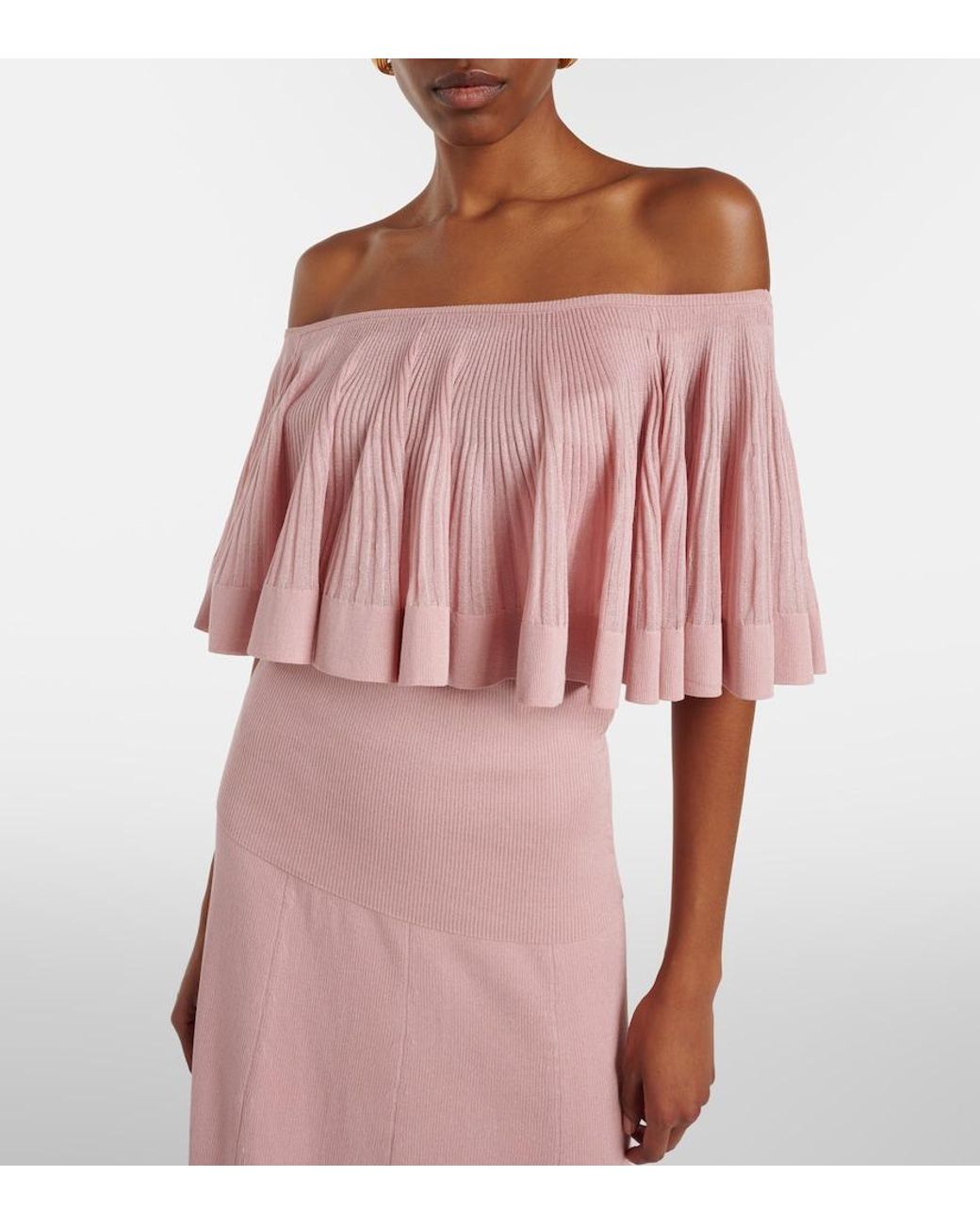 Zimmermann Pink Luna Knitted Ruffled Off-Shoulder Top
