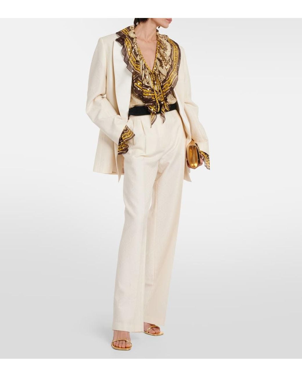 Etro Natural Ruffled Paisley Silk-Blend Blouse