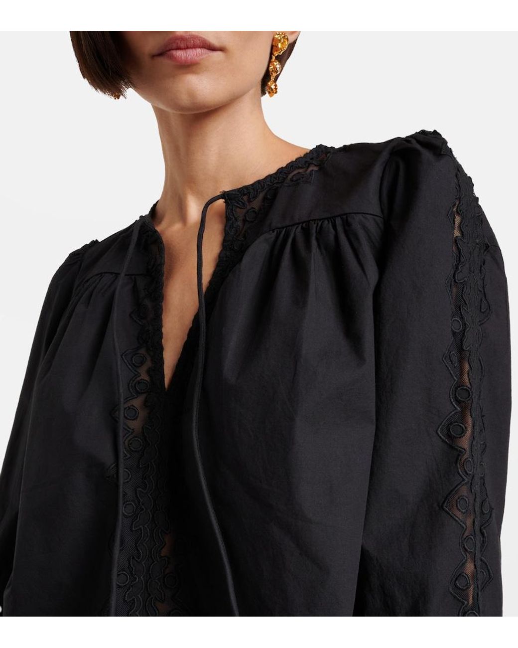 Ulla Johnson Black Kady Lace-Trimmed Cotton Blouse