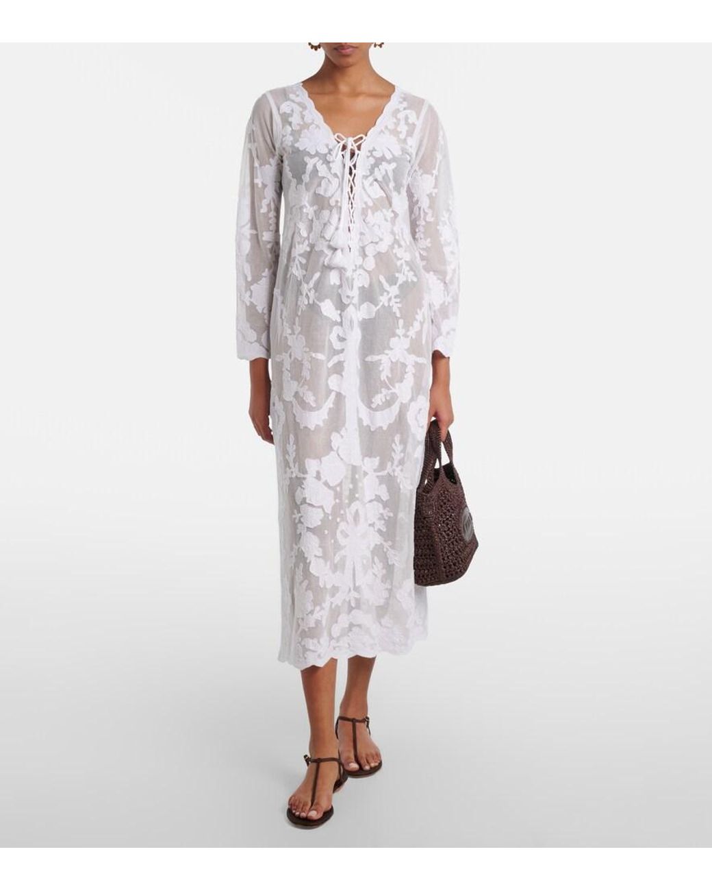 Juliet Dunn White Embroidered Sheer Cotton Kaftan