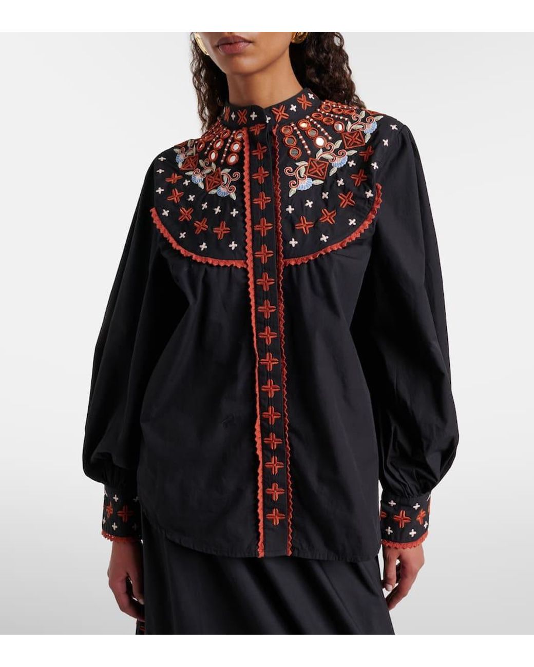 Farm Rio Black Embroidered Cotton Shirt