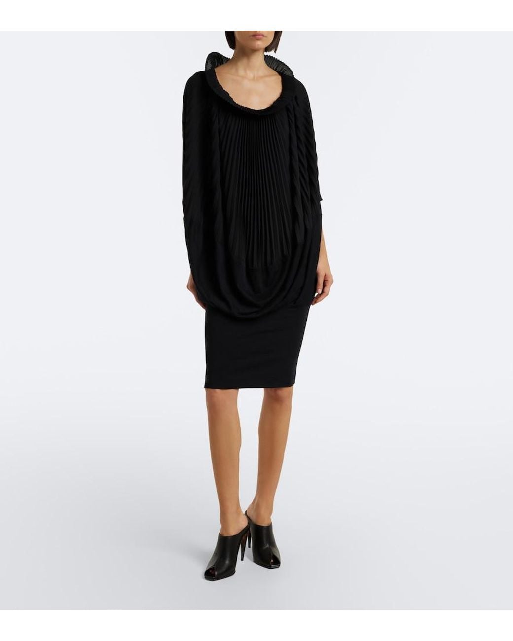 Junya Watanabe Black Pleated Wool-Paneled Midi Dress