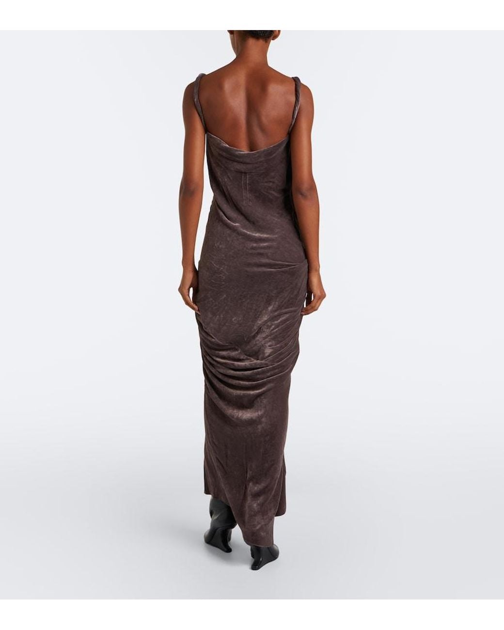 Rick Owens Brown Strutter Draped Gathered Velvet Maxi Dress