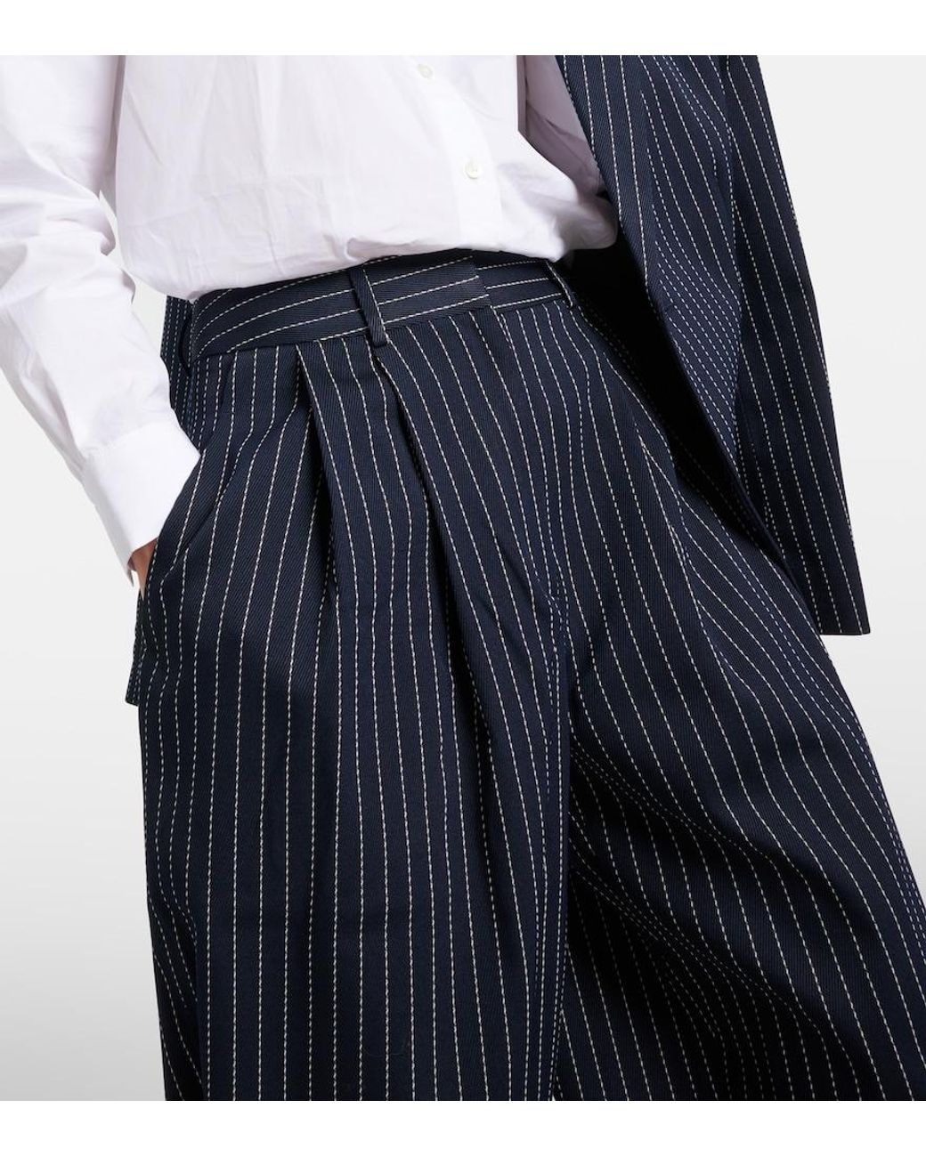 Frankie Shop Blue Pinstripe Ripley Wide-Leg High-Rise Woven-Blend Trousers