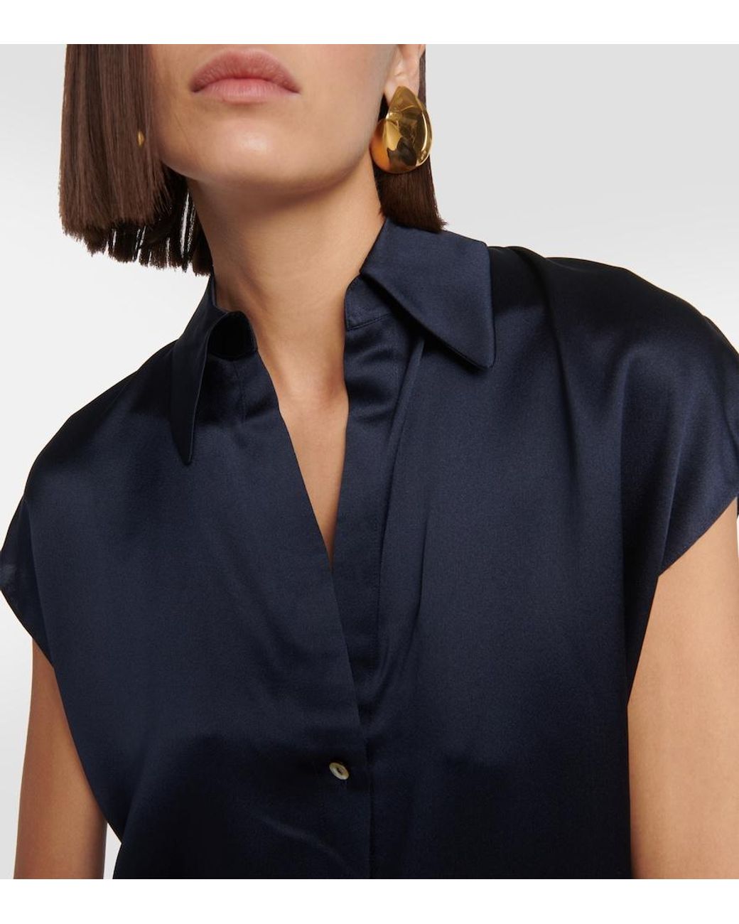 Vince Blue Ruched Silk Satin Blouse