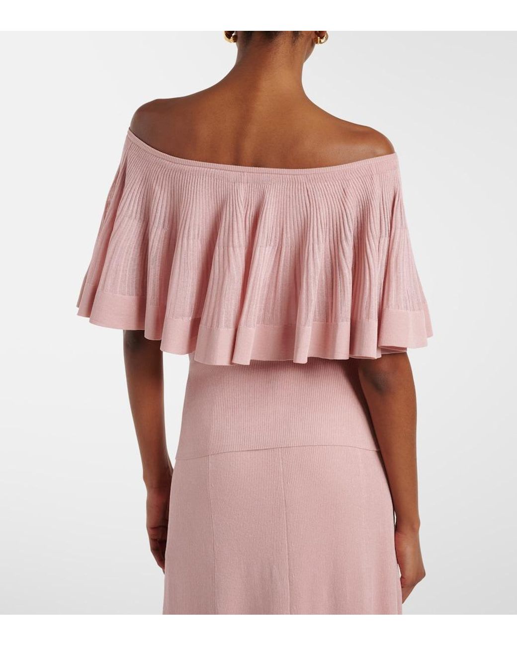 Zimmermann Pink Luna Knitted Ruffled Off-Shoulder Top