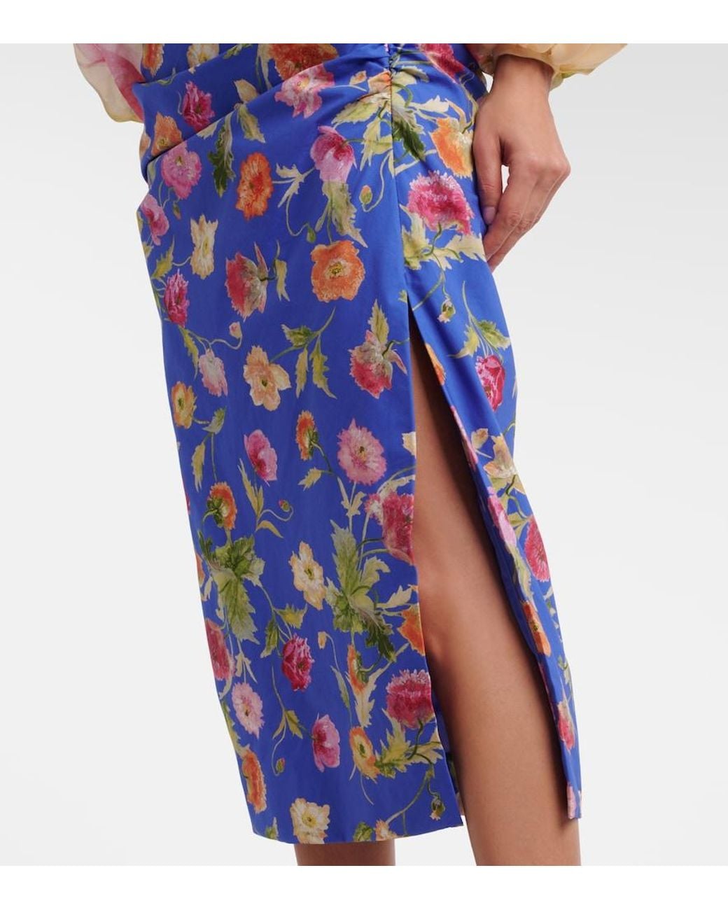 Carolina Herrera Blue Floral Ruched Cotton-Blend Midi Skirt