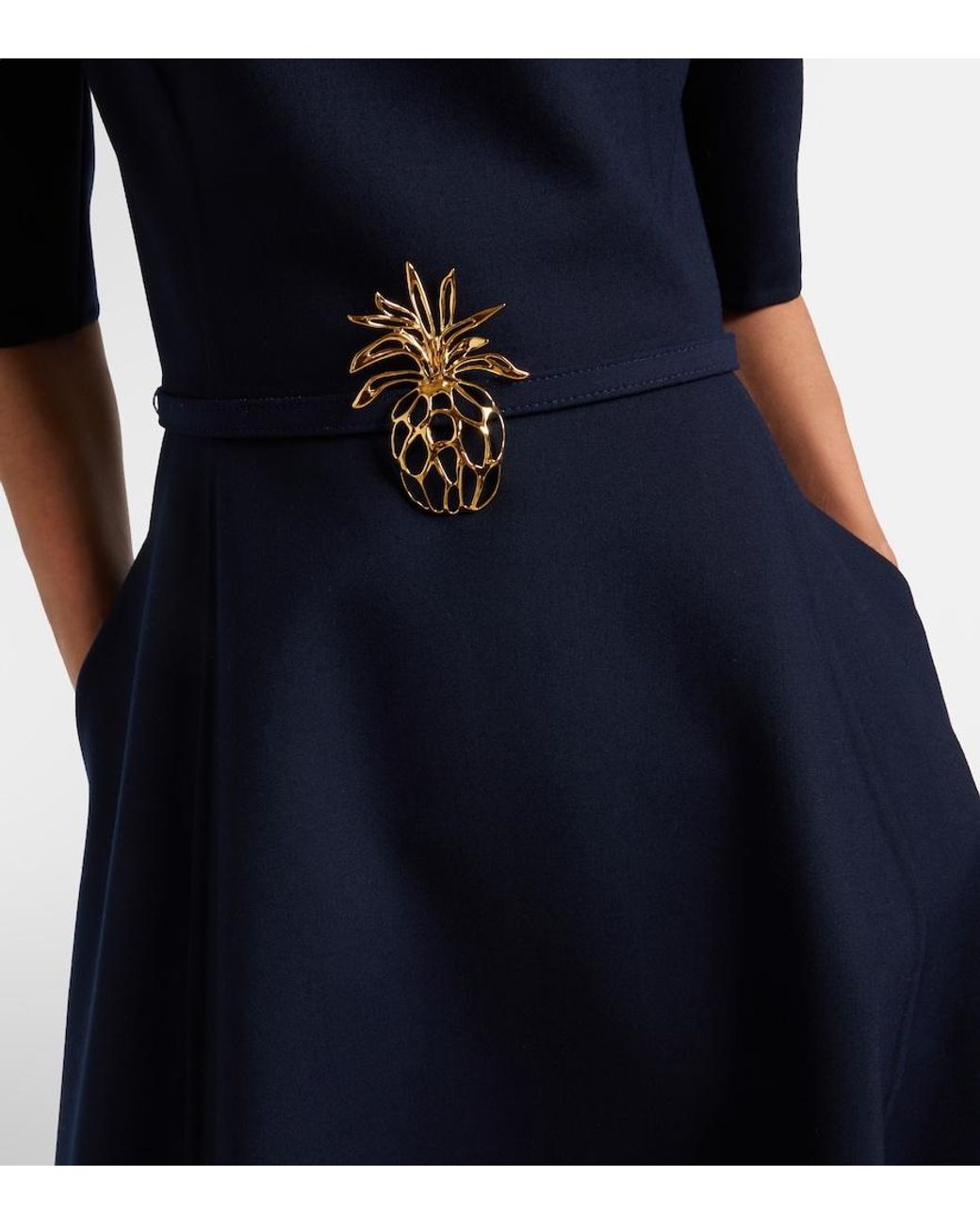 Oscar de la Renta Blue Belted Wool-Blend Midi Dress