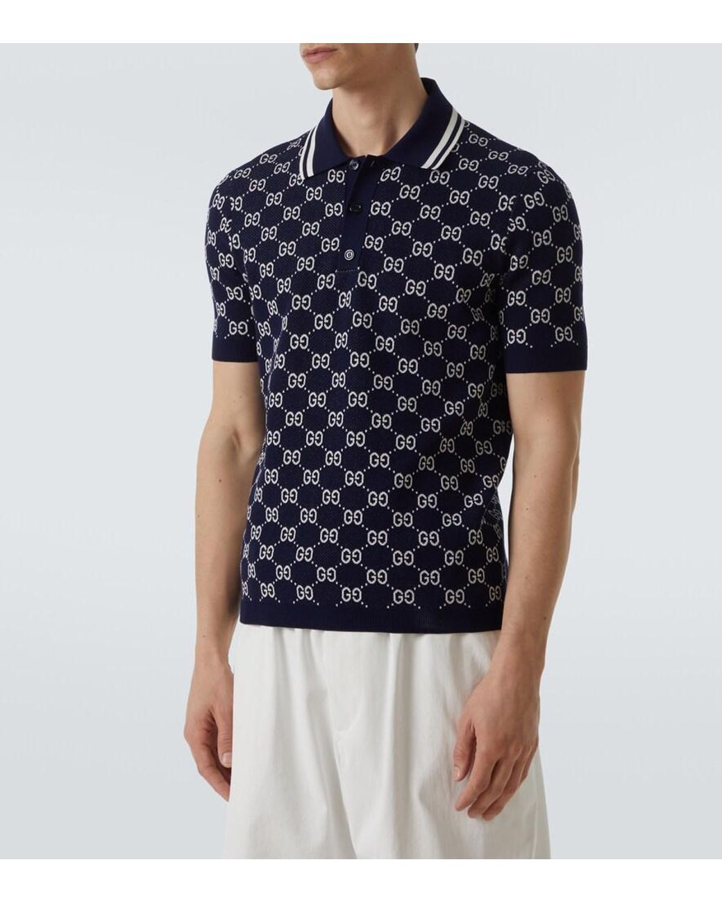 Gucci Blue Gg Cotton Knit Jacquard Polo Shirt for men