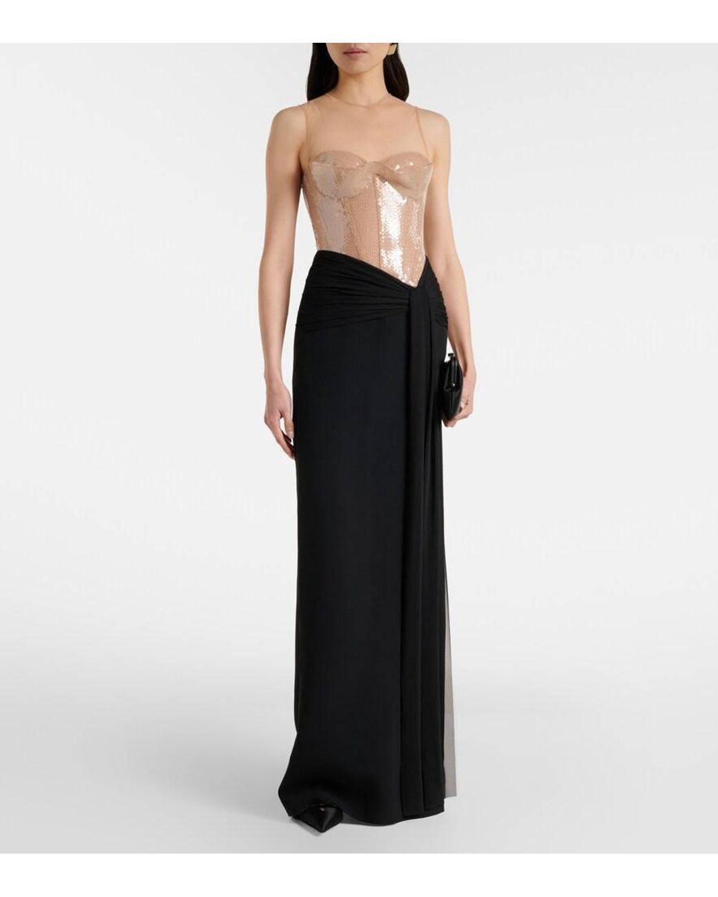 David Koma Black Sequined Paneled Bustier Gown