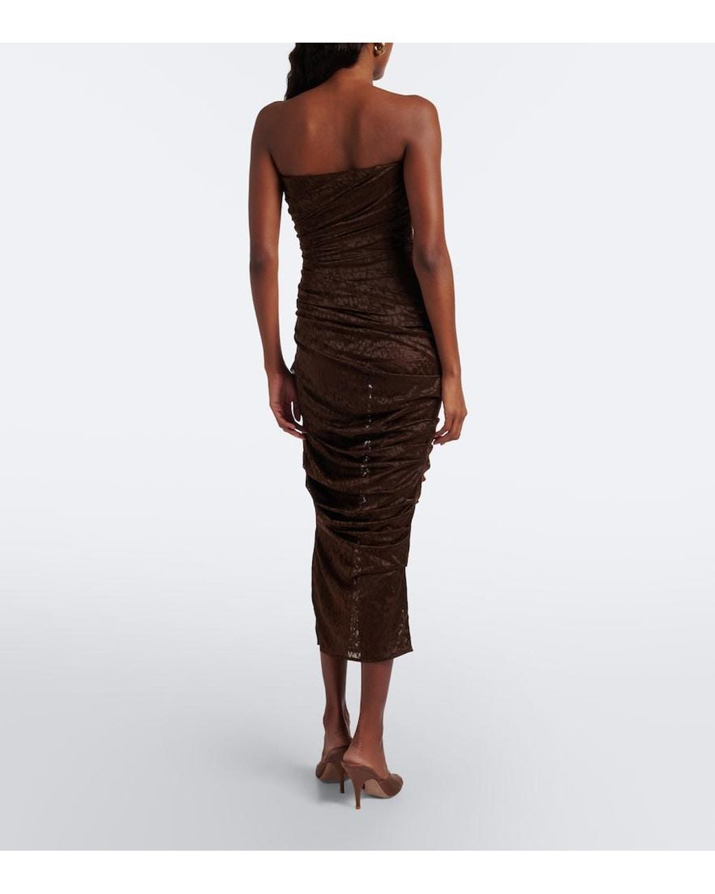 Alex Perry Brown Leopard-Print Ruched Lace Midi Dress