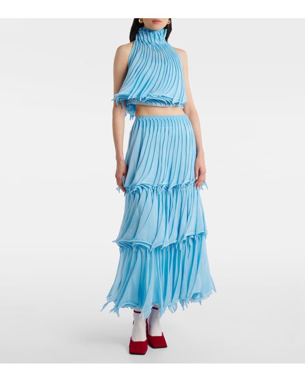 Alaïa Blue Cropped Pleated Knitted Turtleneck Top
