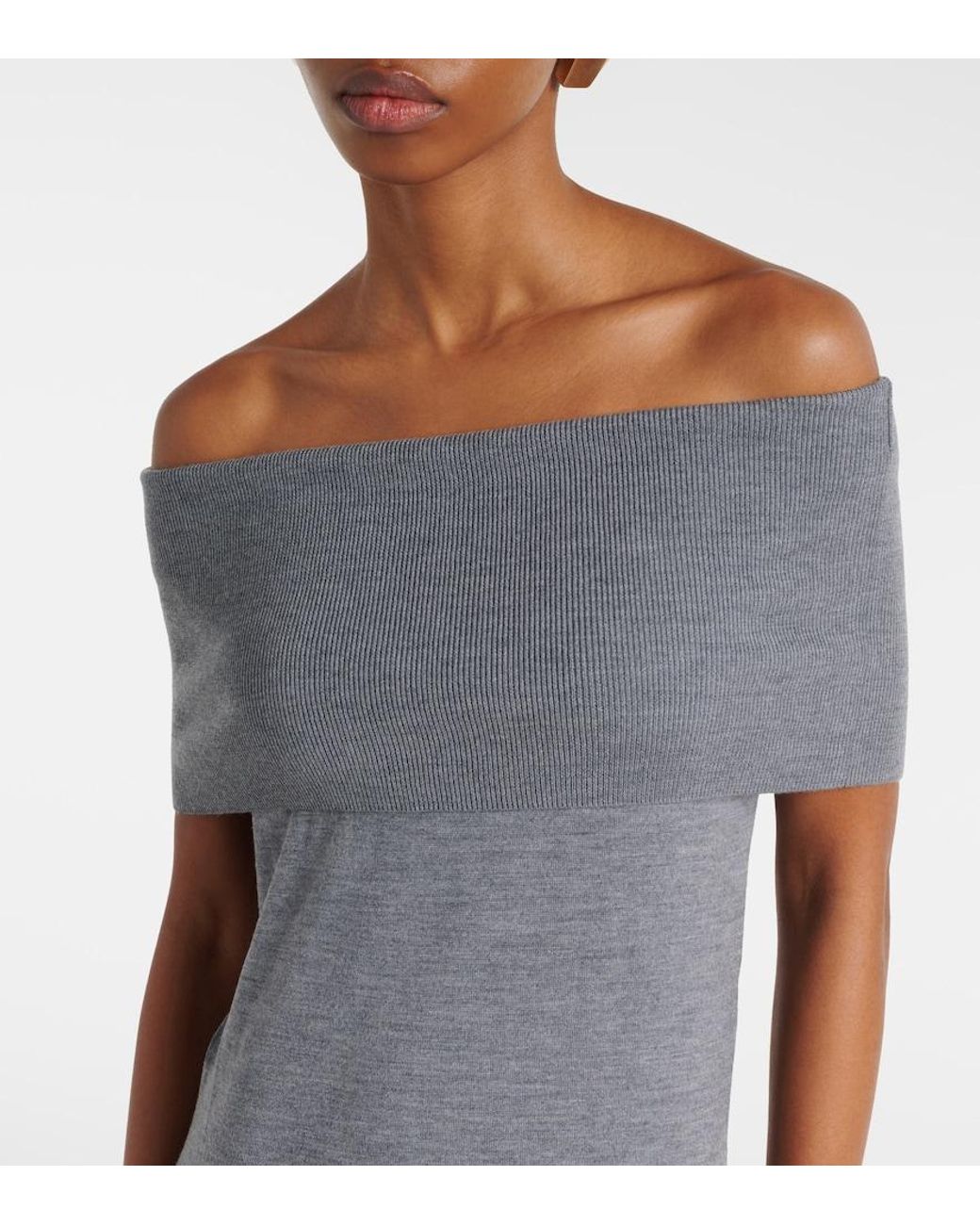 Jardin Des Orangers Gray Off-Shoulder Virgin Wool Maxi Dress