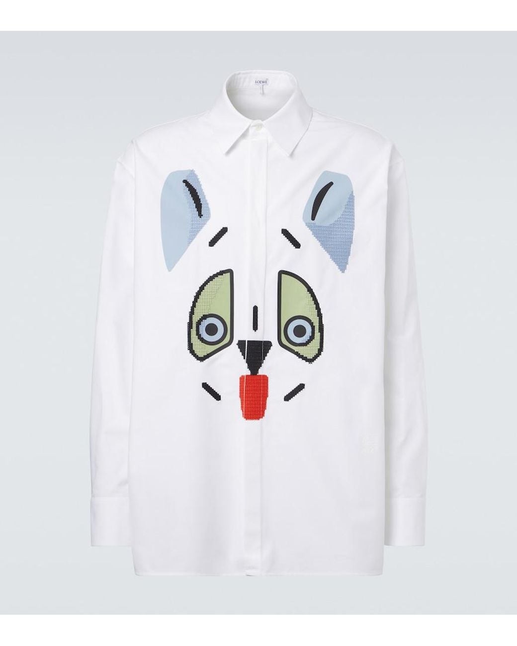 Loewe White Cat Face Embroidered Cotton Shirt for men