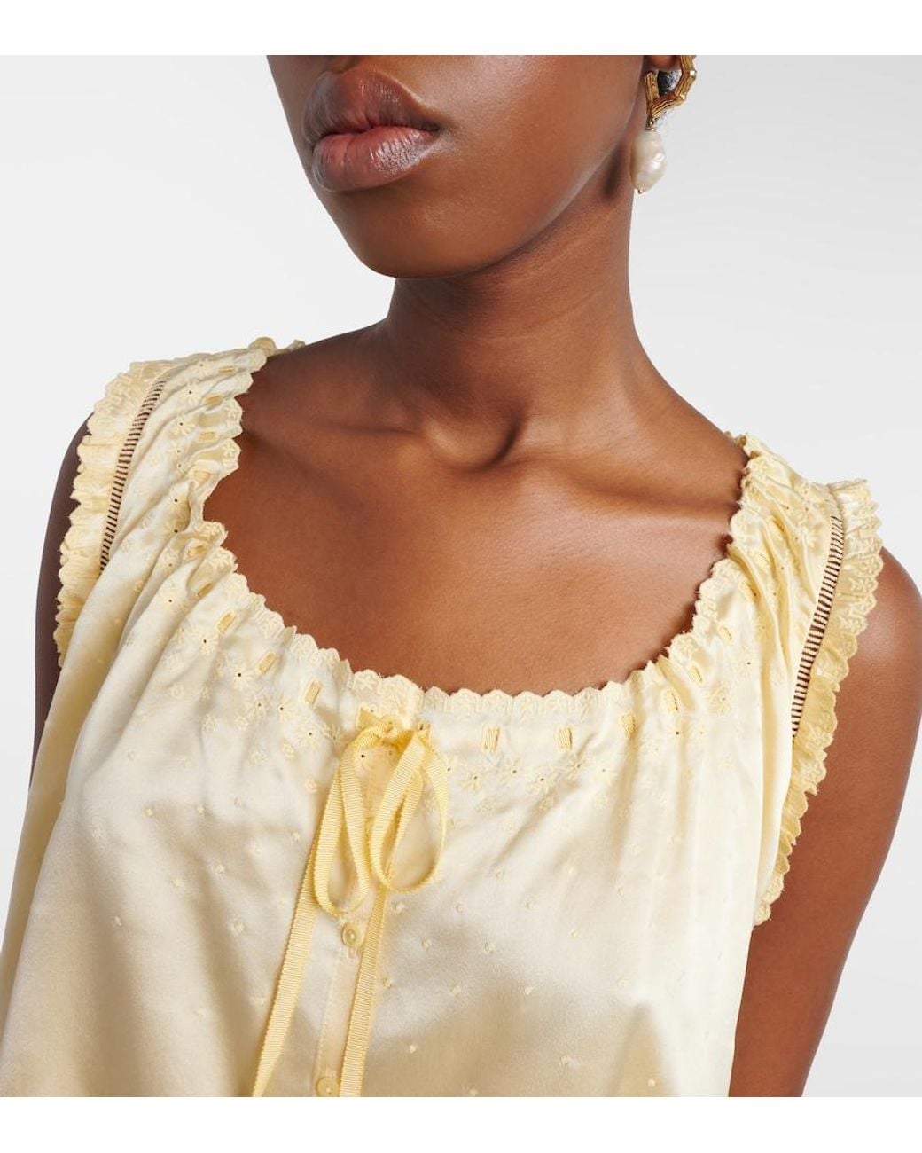 Doen Natural Toulouse Lace-Trimmed Embroidered Silk Top